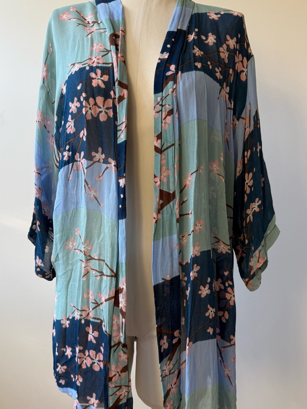 Floral Open-Front Kimono Jacket in Blue & Mint